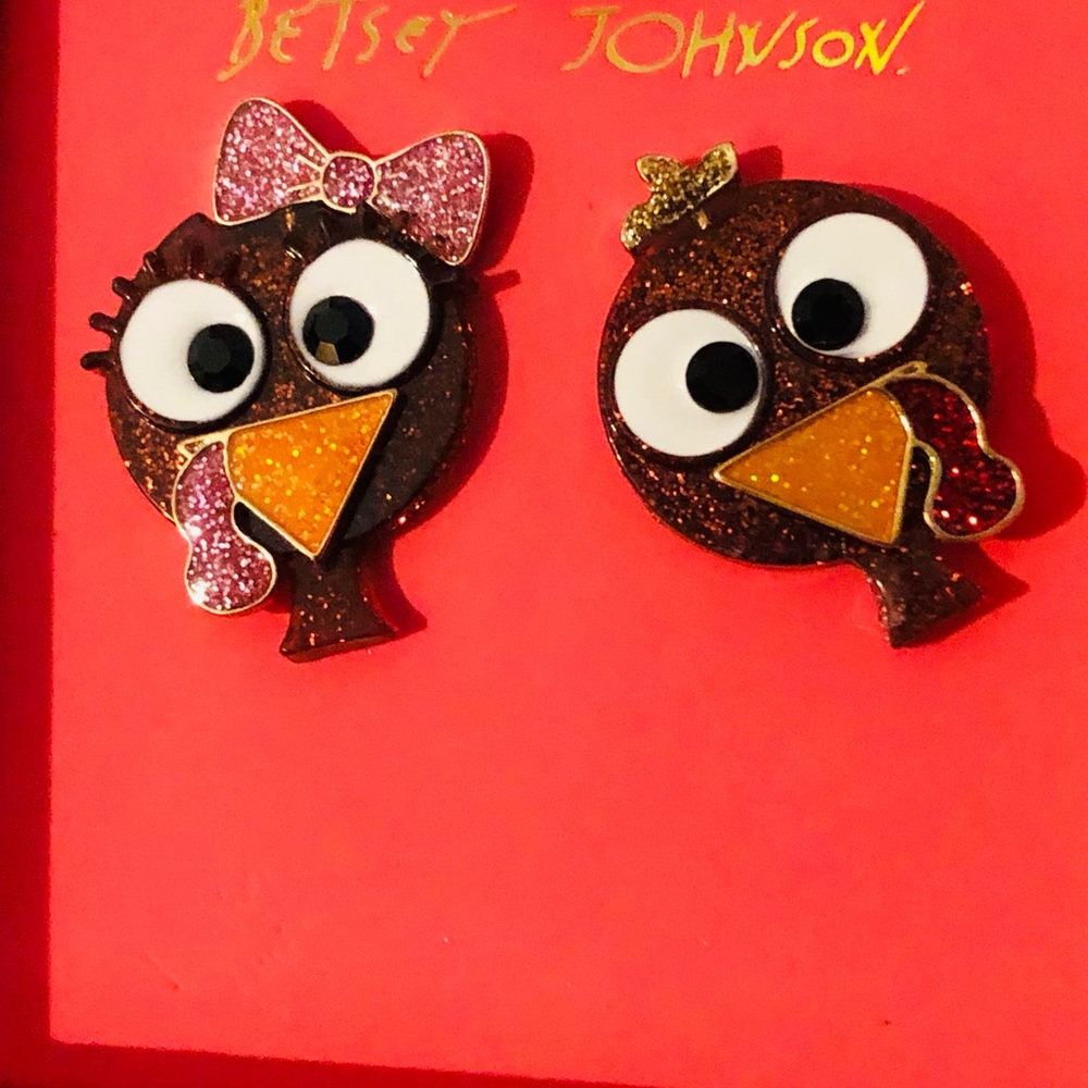 Authentic Betsey Johnson Earrings - Mr. & Mrs. Glitter Turkey, Gift Box, NIB